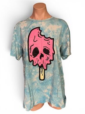 Hustle OG Blue Tie Dye Popsicle Skull Drip Graphic T-Shirt Short Sleeve M Flaw
